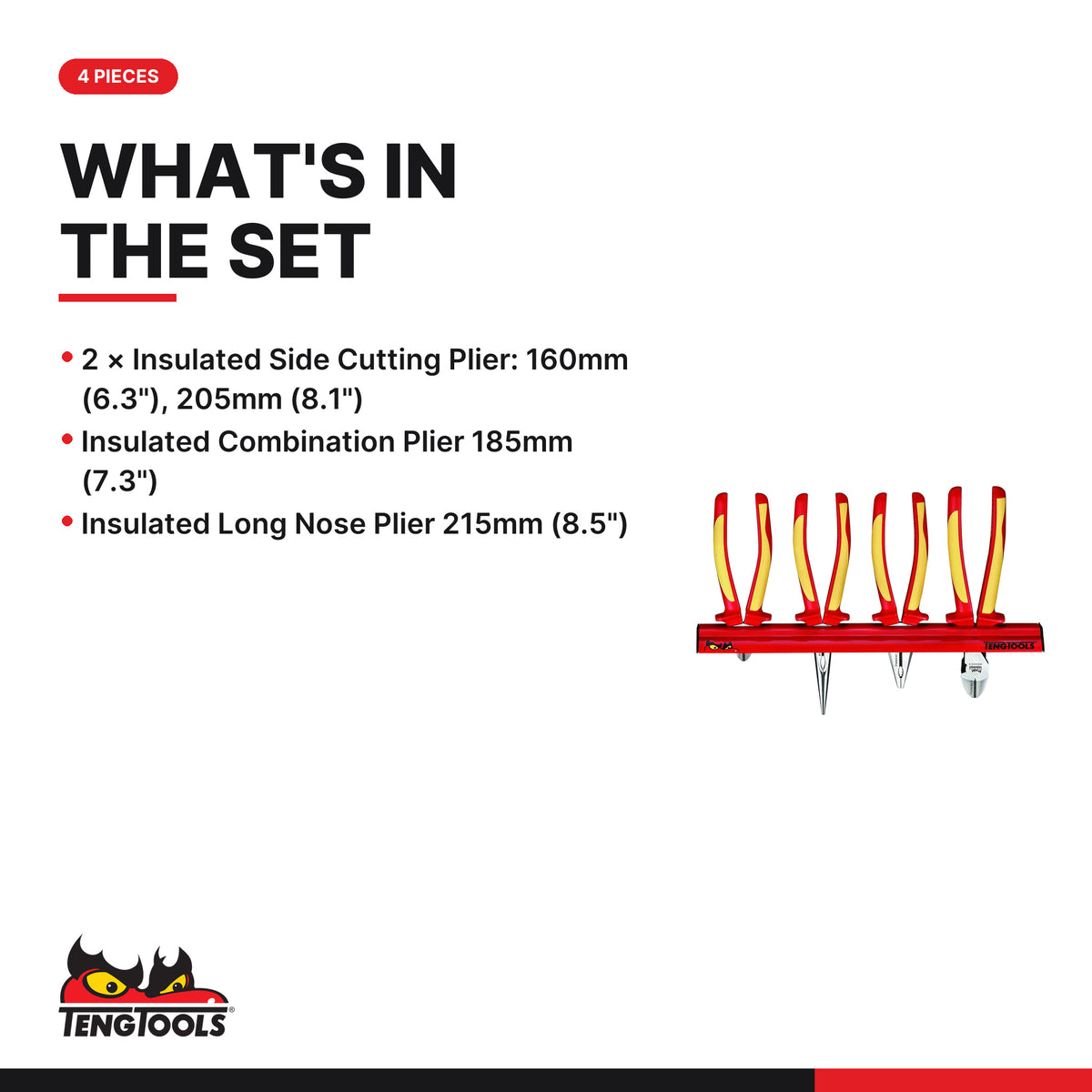 Teng Tools WRMBV04 Insulated Plier Set Wall Rack 4 Pieces, what's in the set