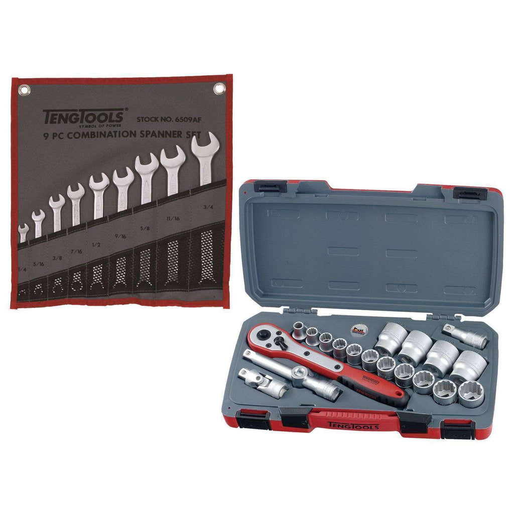 Teng Tools - 29 Piece 1/2" Drive SAE Socket and SAE Combination Spanner Set - TEN-O-T1220AF-KIT2 - Teng Tools USA