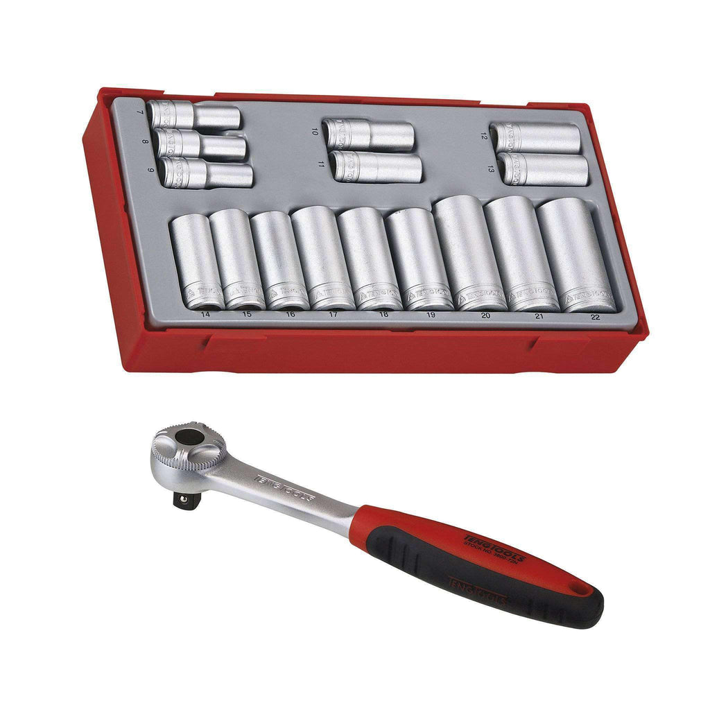 Teng Tools - 3/8 Inch 16 Piece 6 Point 7 to 22mm Deep Sockets and 72 Teeth Ratchet Set Bundle - Teng Tools USA